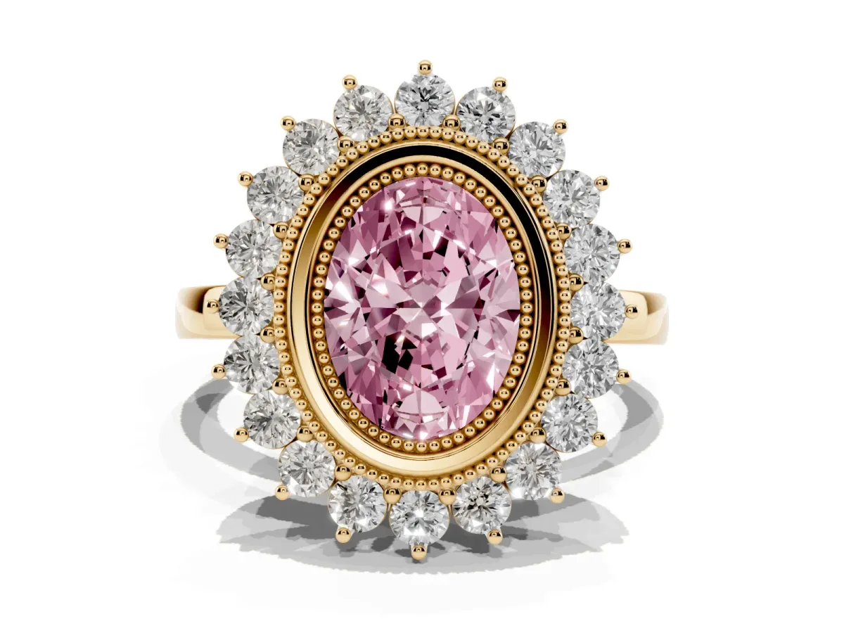 Fancy Pink Oval Cut Halo Diamond Ring with Milgrain Edge and Round Prong Setting Yellow gold