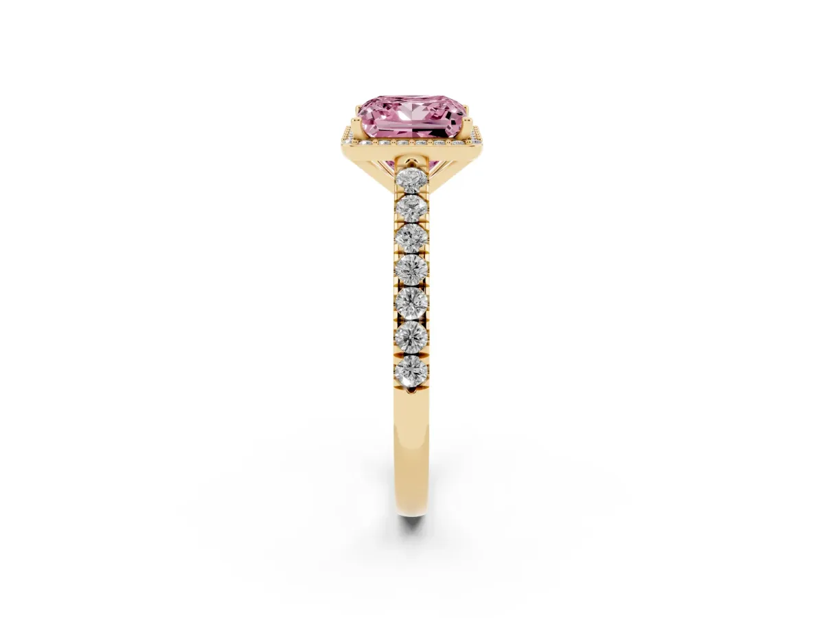 Fancy Pink Princess Cut Cut Halo Diamond Engagement Ring with Pave Band and Four-Prong Setting Yellow gold