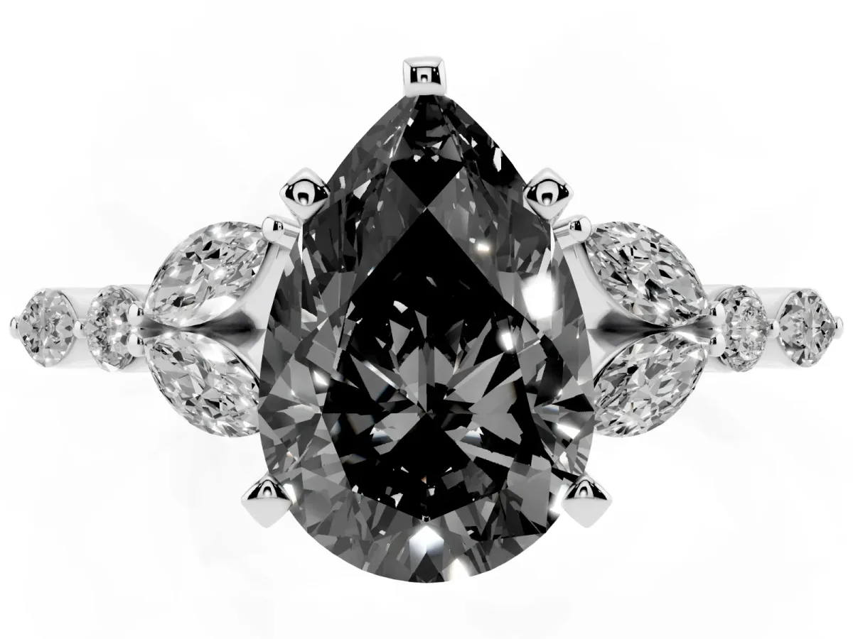 Fancy Black Pear Cut Diamond Solitaire Ring with Side Stones and Four-Prong Setting Platinum