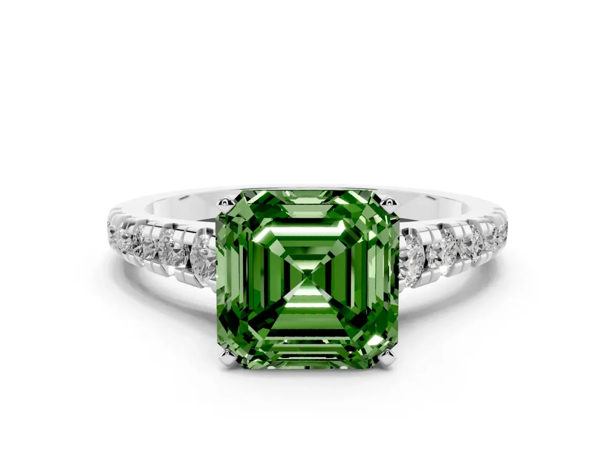 Fancy Green Asscher Cut Diamond Cathedral Solitaire Ring with Round Pavé Band Silver