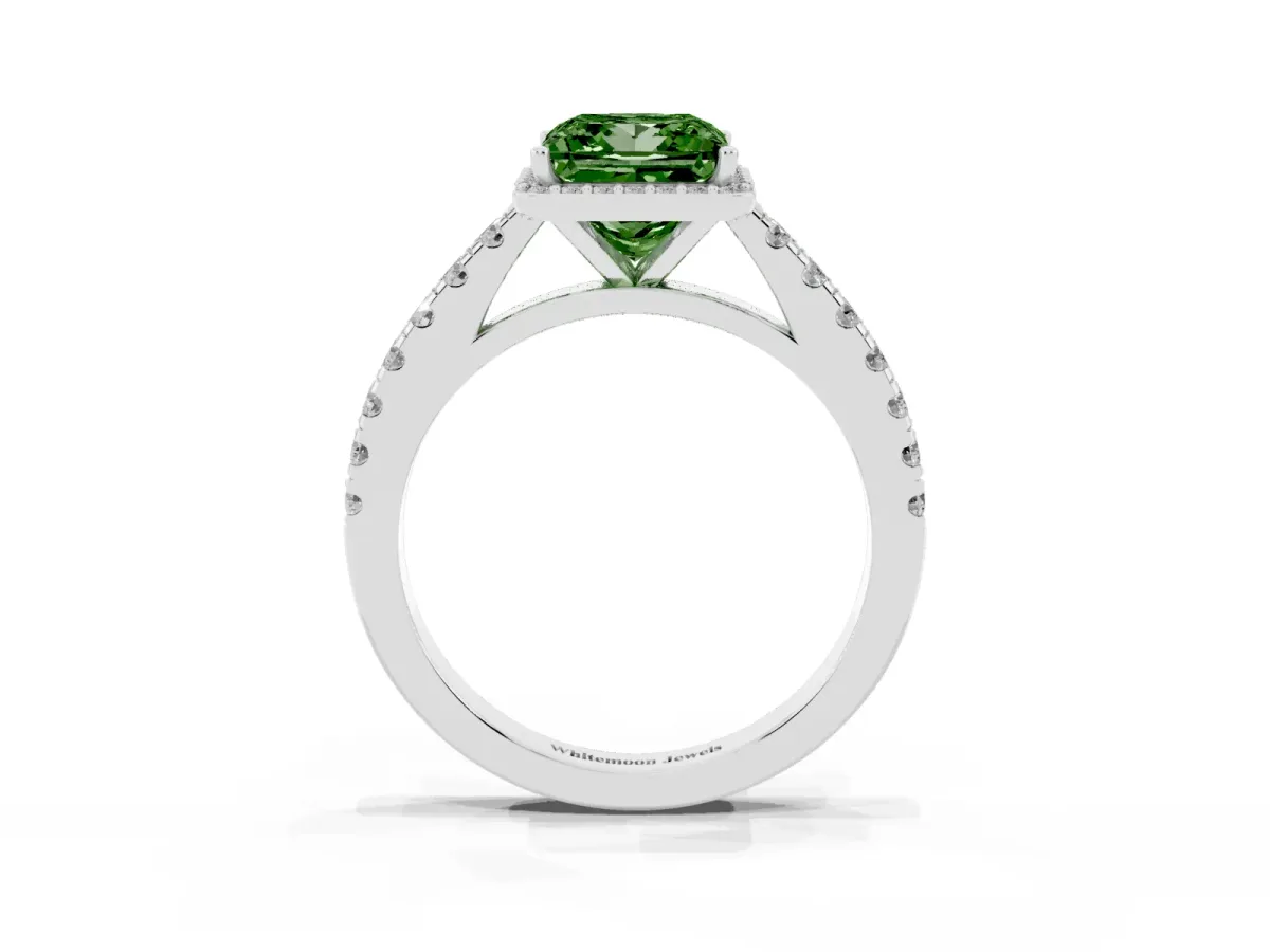 Fancy Green Princess Cut Cut Halo Diamond Engagement Ring with Pave Band and Four-Prong Setting Platinum
