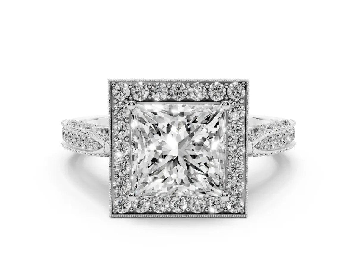 Princess Cut Halo Diamond Engagement Ring with Split Shank Band and Four-Prong Setting Silver
