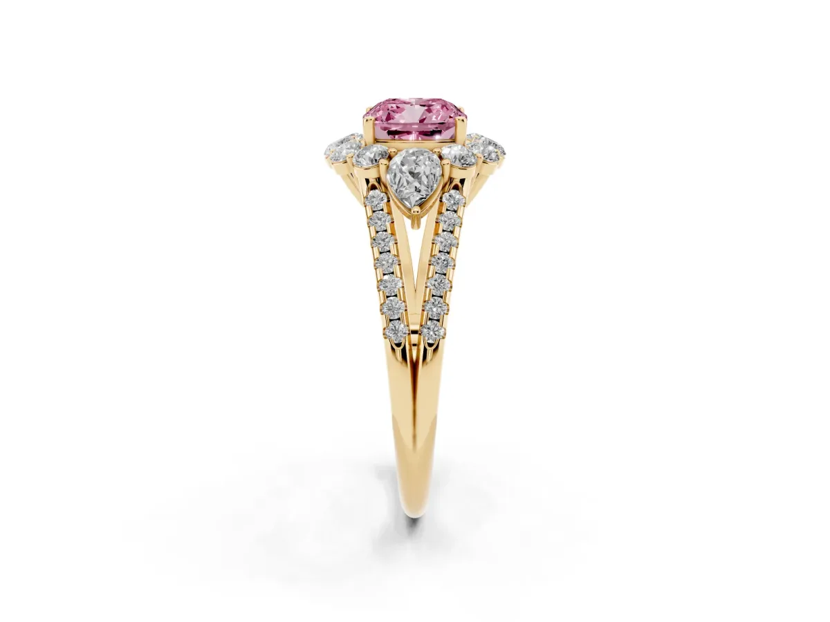 Fancy Pink Cushion Cut Halo Split Shank Diamond Engagement Ring with Prong Setting Yellow gold
