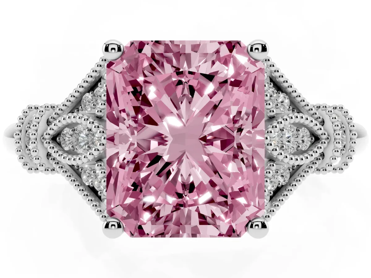 Fancy Pink Radiant Cut Diamond Solitaire Ring with Floral Filigree and Pave Accents White gold
