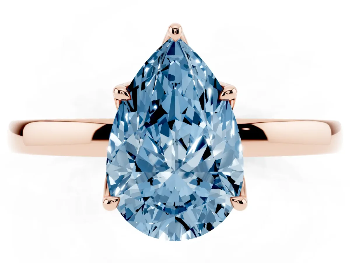 Fancy Blue Pear Cut Diamond Solitaire Ring with Thin Band and Prong Setting Rose gold
