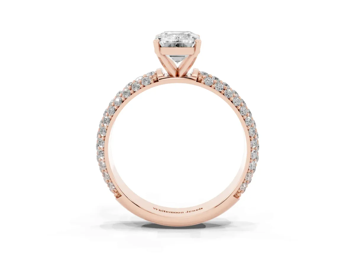 Emerald Cut Diamond Solitaire Ring with Prong Setting and Pavé Band Rose gold
