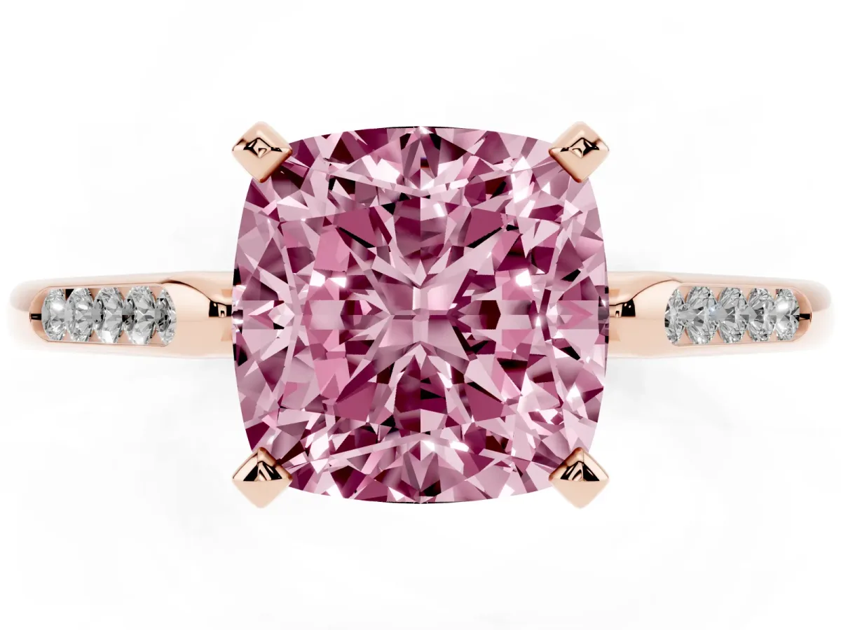 Fancy Pink Cushion Cut Diamond Solitaire Ring with Channel Set Round Band and Prong Setting Rose gold