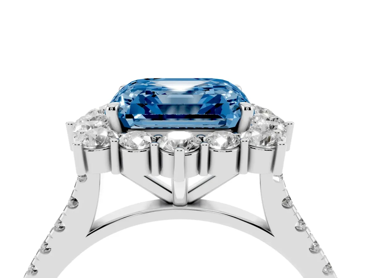 Fancy Blue Asscher Cut Halo Diamond Ring with Pavé Band and Prong Setting Silver