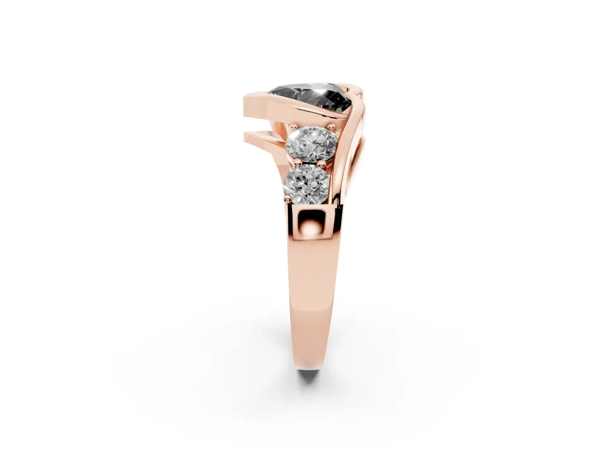 Fancy Black Bezel Set Heart Cut Diamond Bypass Ring with Round Accents Rose gold