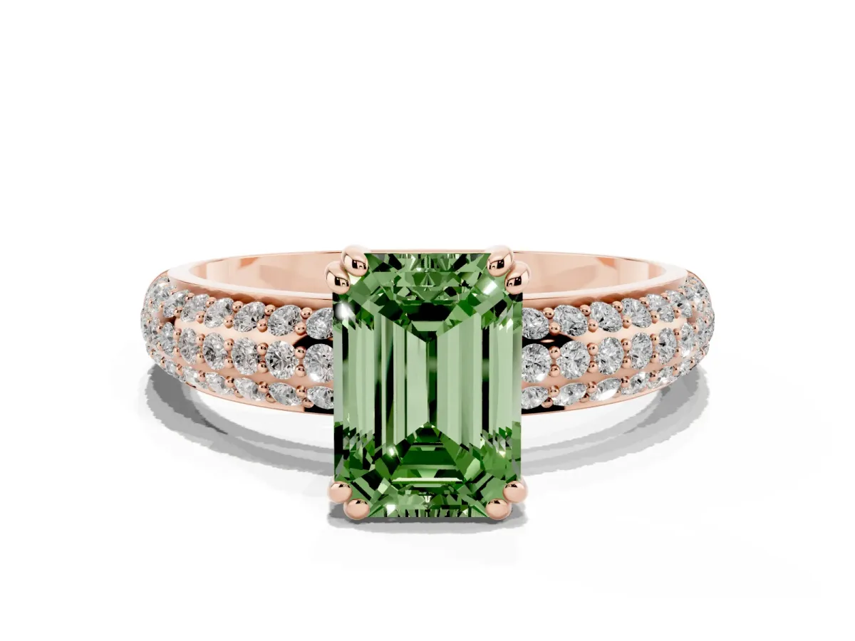 Fancy Green Emerald Cut Diamond Solitaire Ring with Multi-Row Round Pavé Band and Prong Setting Rose gold