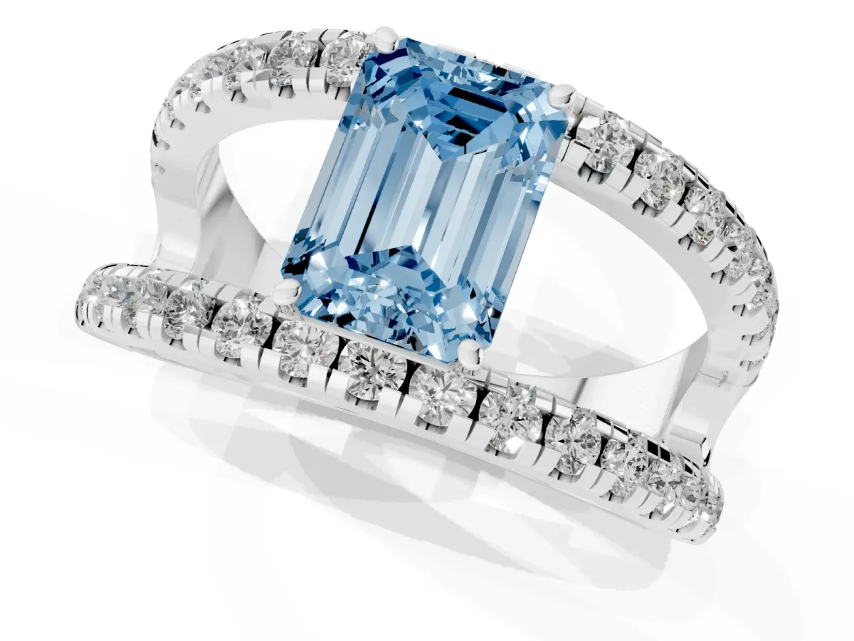 Fancy Blue Emerald Cut Solitaire Split Shank Pave Diamond Ring Silver