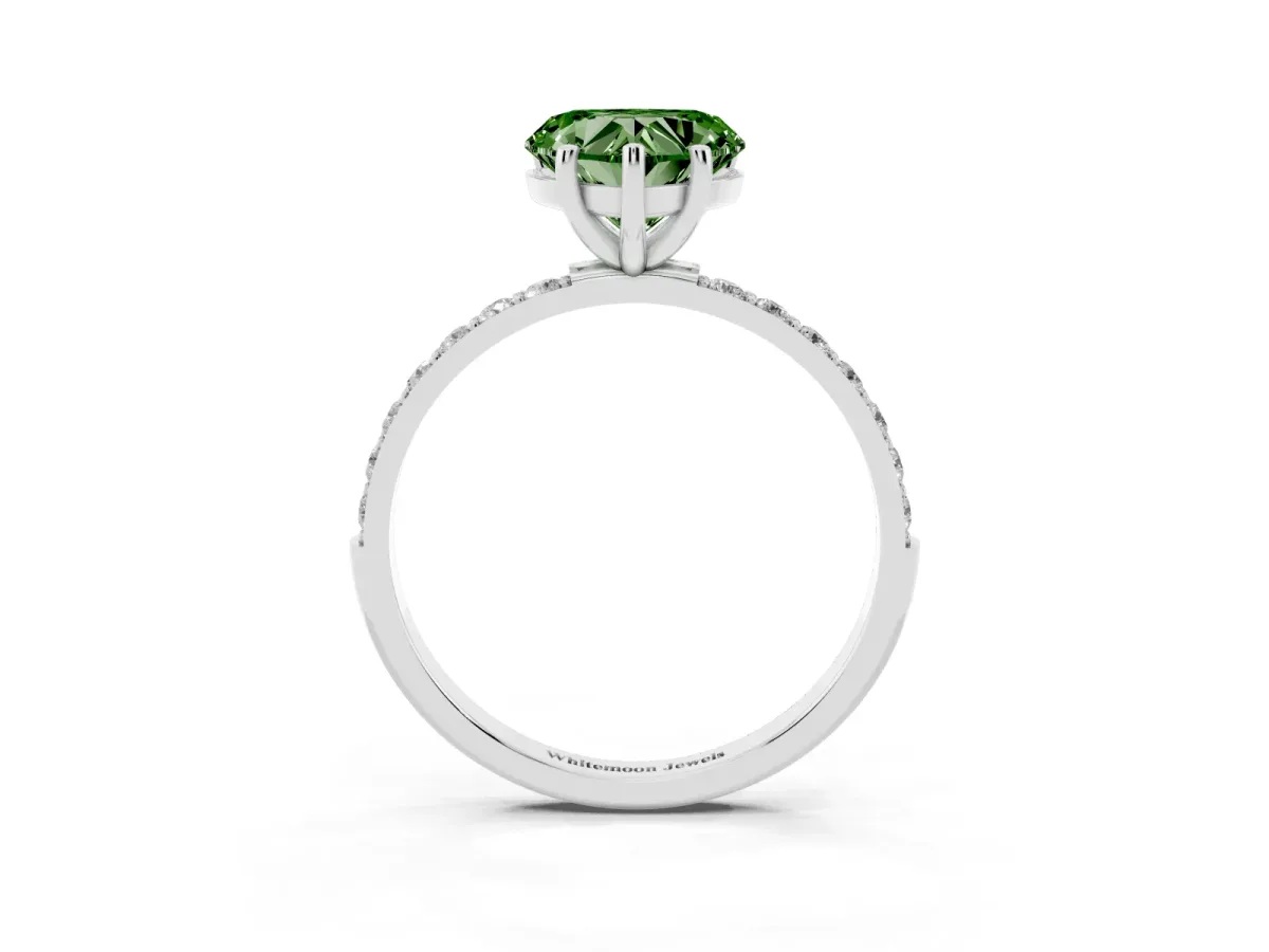 Fancy Green Heart Cut Diamond Solitaire Ring with Round Pavé Shoulders and Prong Setting Silver