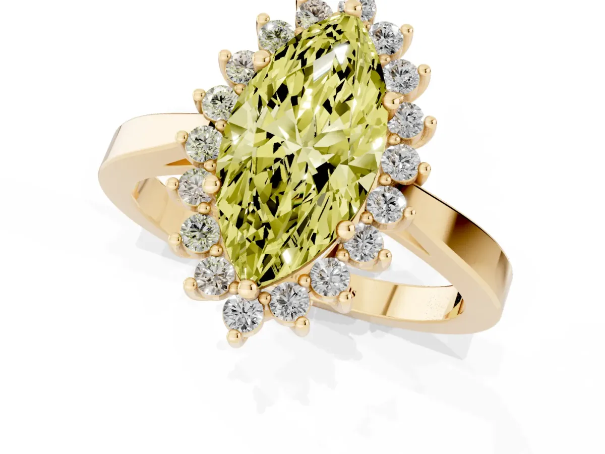 Fancy Yellow Marquise Cut Cut Diamond Halo Ring with Round Brilliant Halo and Solitaire Band Yellow gold