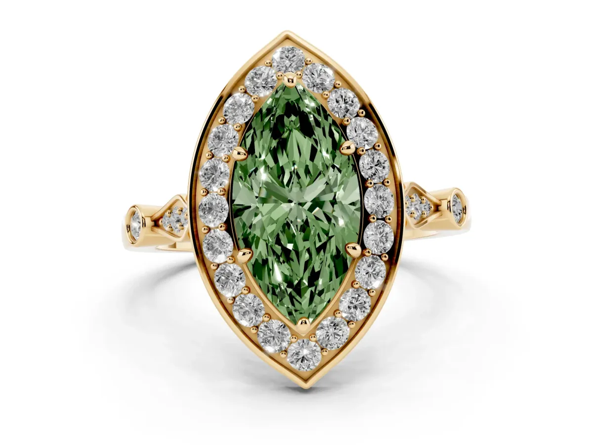 Fancy Green Marquise Cut Halo Diamond Engagement Ring with Twisted Band and Four-Prong Setting Yellow gold