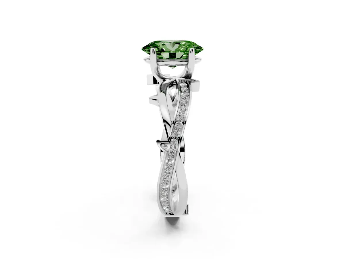 Fancy Green Oval Cut Solitaire Twist Band with Pavé Accents and Four-Prong Setting Platinum