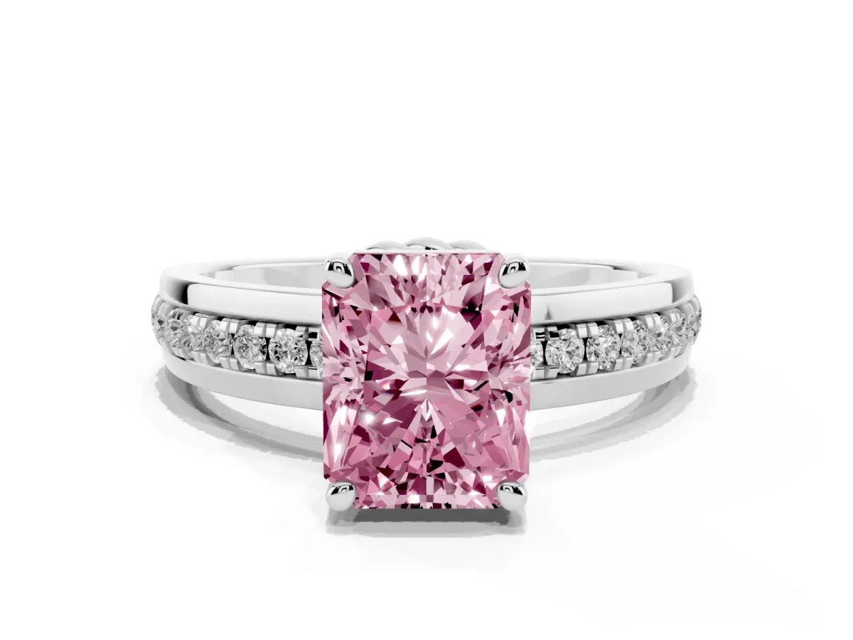 Fancy Pink Radiant Cut Solitaire Diamond Ring with Channel Set Band and Six-Prong Setting Silver