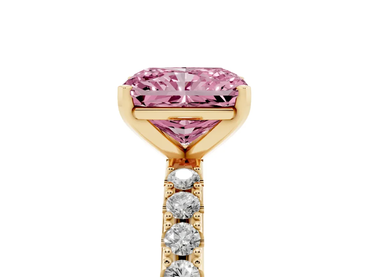 Fancy Pink Radiant Cut Diamond Solitaire Pavé Band with Four-Prong Setting Yellow gold