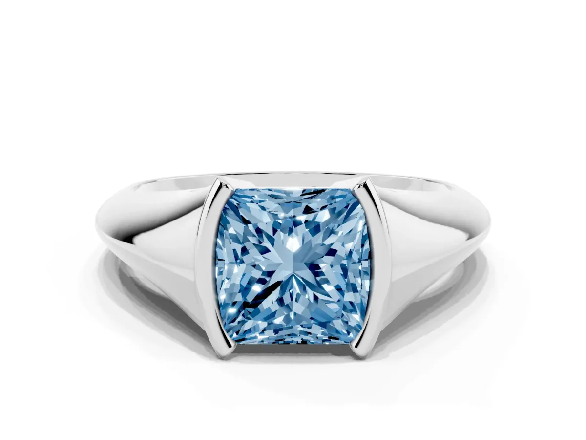 Fancy Blue Princess Cut Solitaire Tension Set Diamond Ring Silver