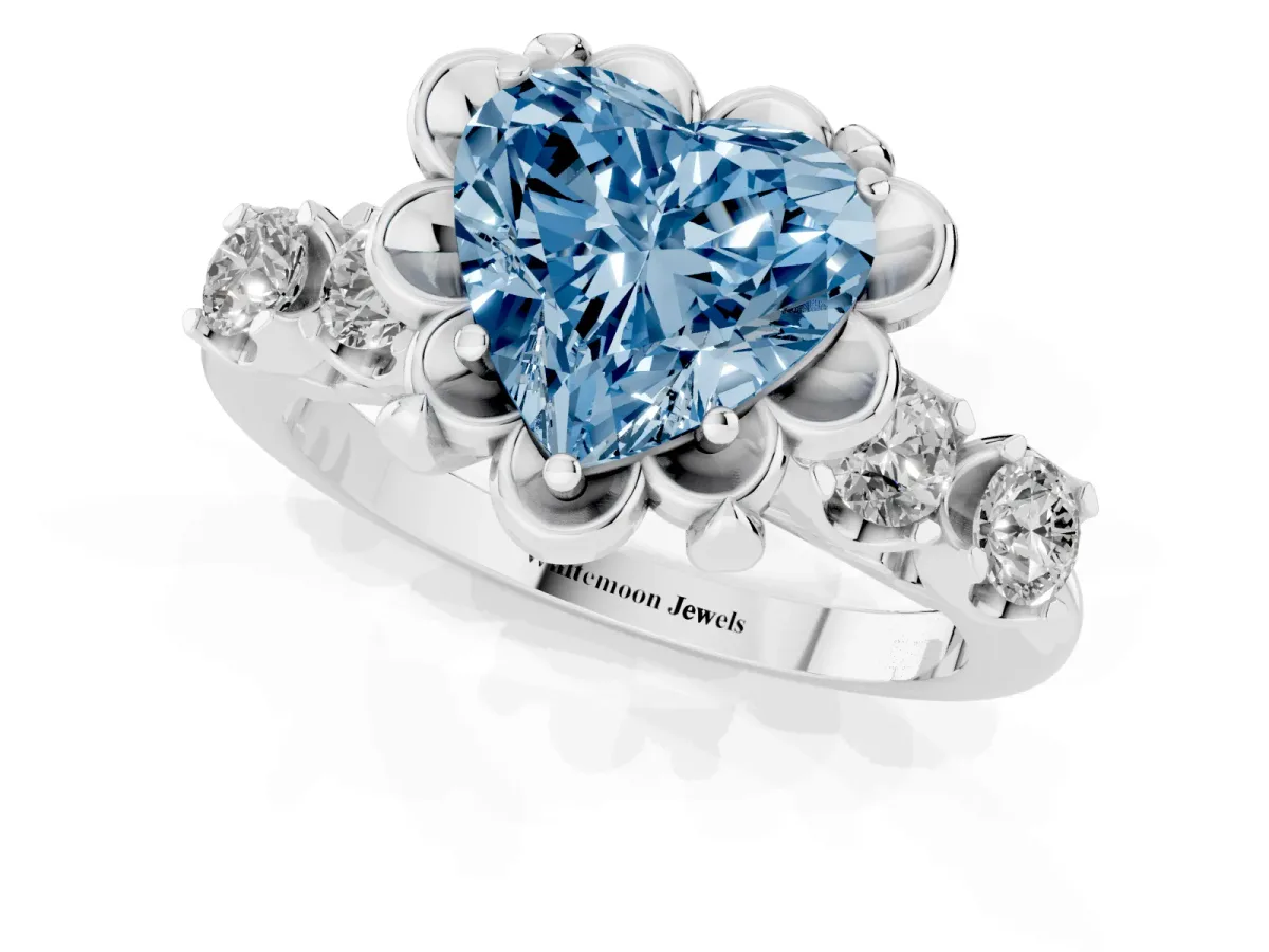 Fancy Blue Heart Cut Cut Diamond Floral Halo Engagement Ring with Shared Prong Setting Silver