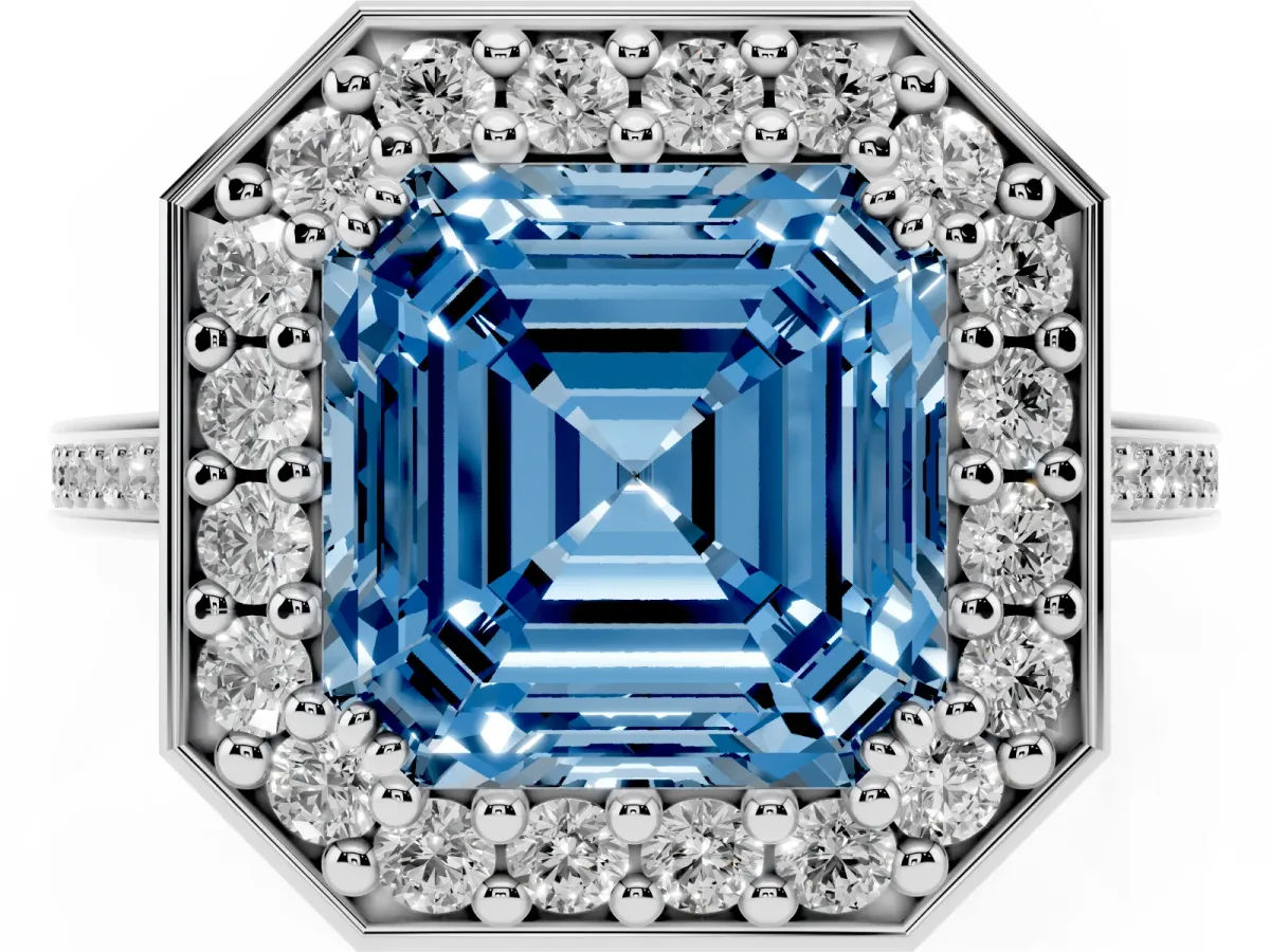 Fancy Blue Asscher Cut Diamond Halo Ring with Split Shank and Four-Prong Setting Platinum