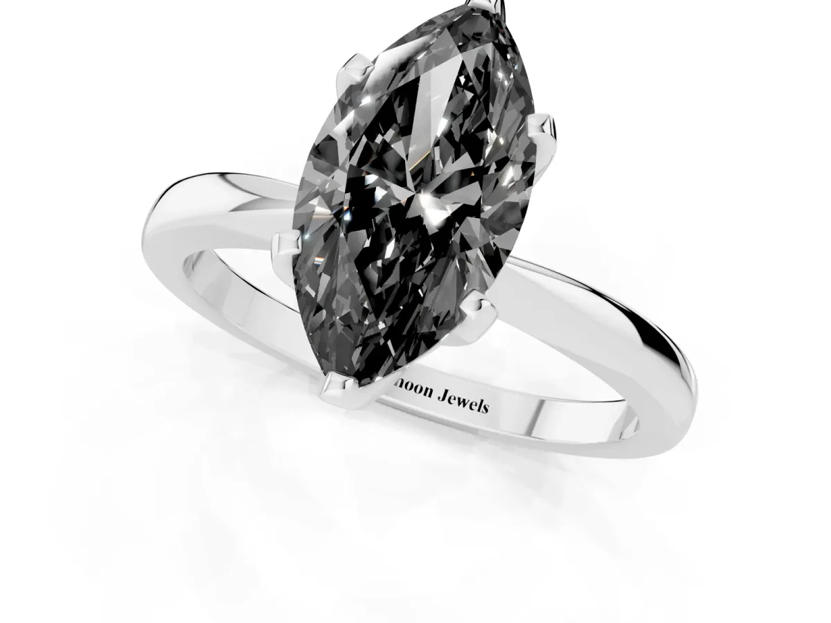 Fancy Black Marquise Cut Solitaire Engagement Ring with Six-Prong Setting and Tapered Band Platinum