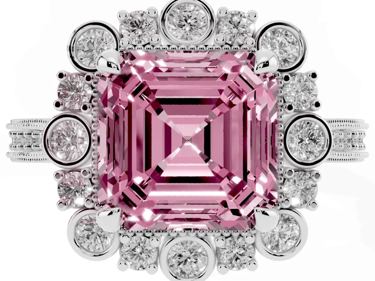 Fancy Pink Asscher Cut Halo Milgrain Pave Diamond Ring with Four-Prong Setting White gold