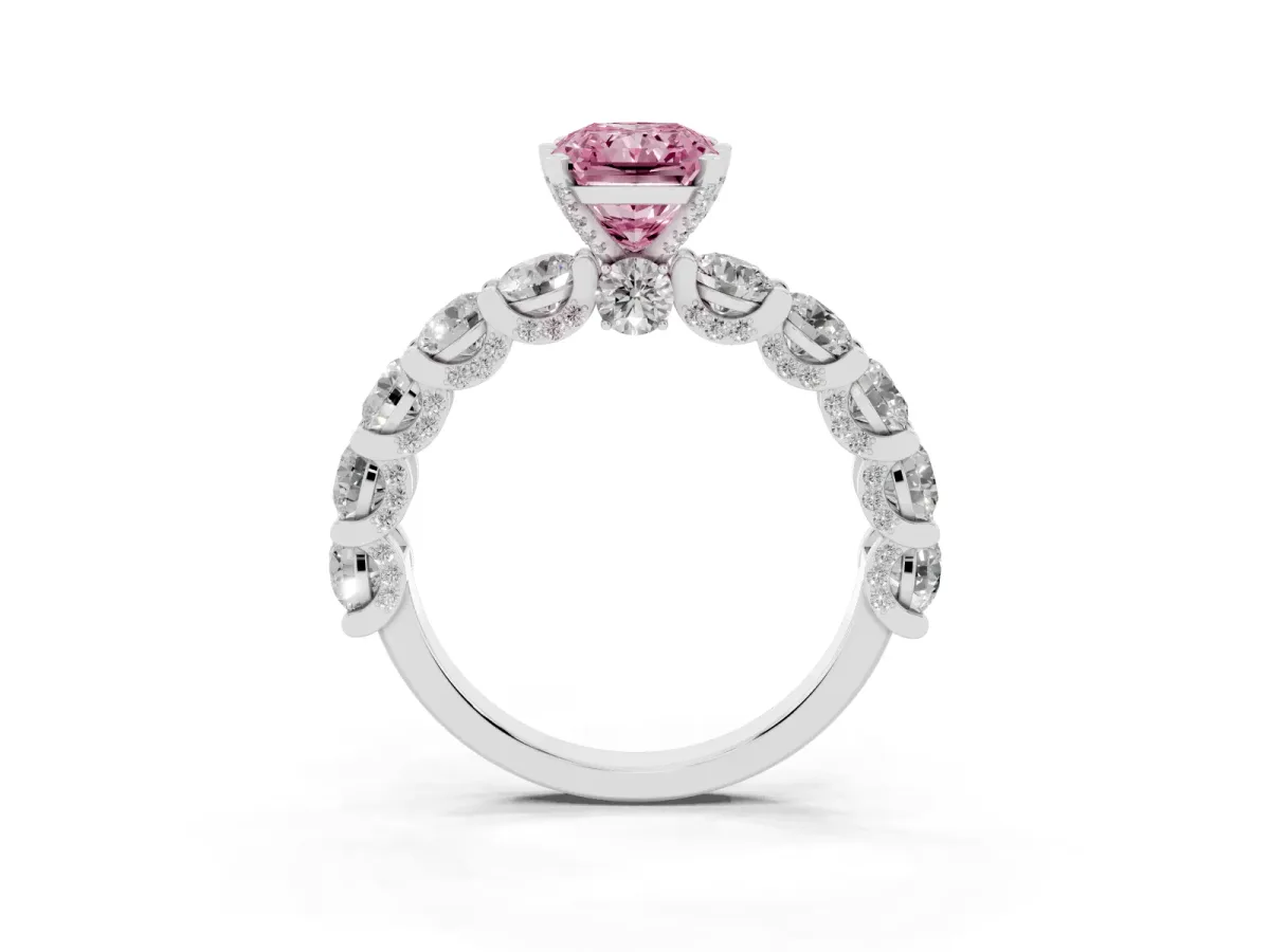 Fancy Pink Radiant Cut Diamond Side Stone Engagement Ring with Four-Prong Setting Silver