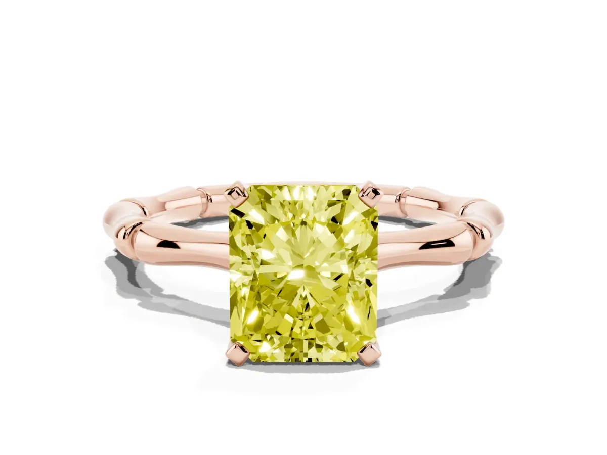 Fancy Yellow Radiant Cut Solitaire Diamond Ring with Bamboo Band and Four-Prong Setting Rose gold