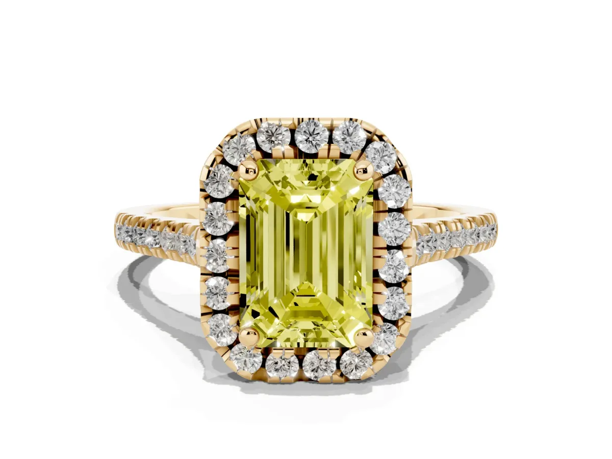 Fancy Yellow Emerald Cut Diamond Cushion Halo Ring with Pavé Band Yellow gold