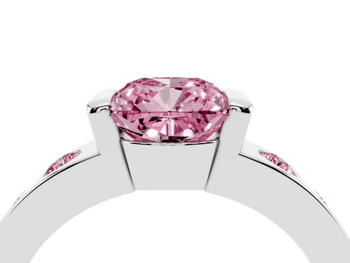 Fancy Pink Cushion Cut Brilliant Channel-Set Diamond Ring with Bezel Prong Setting Silver