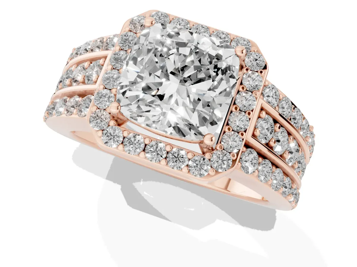 0.5 Carat Cushion Cut Halo Ring with Round Split Shank and Prong Setting Rose gold