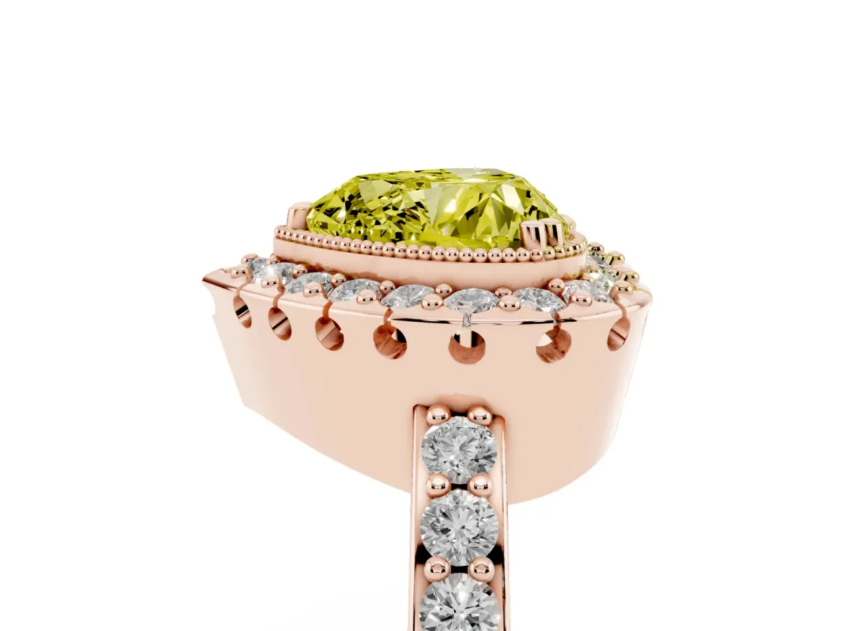 Fancy Yellow Heart Cut Diamond Halo Ring with Pavé Band and Prong Setting Rose gold