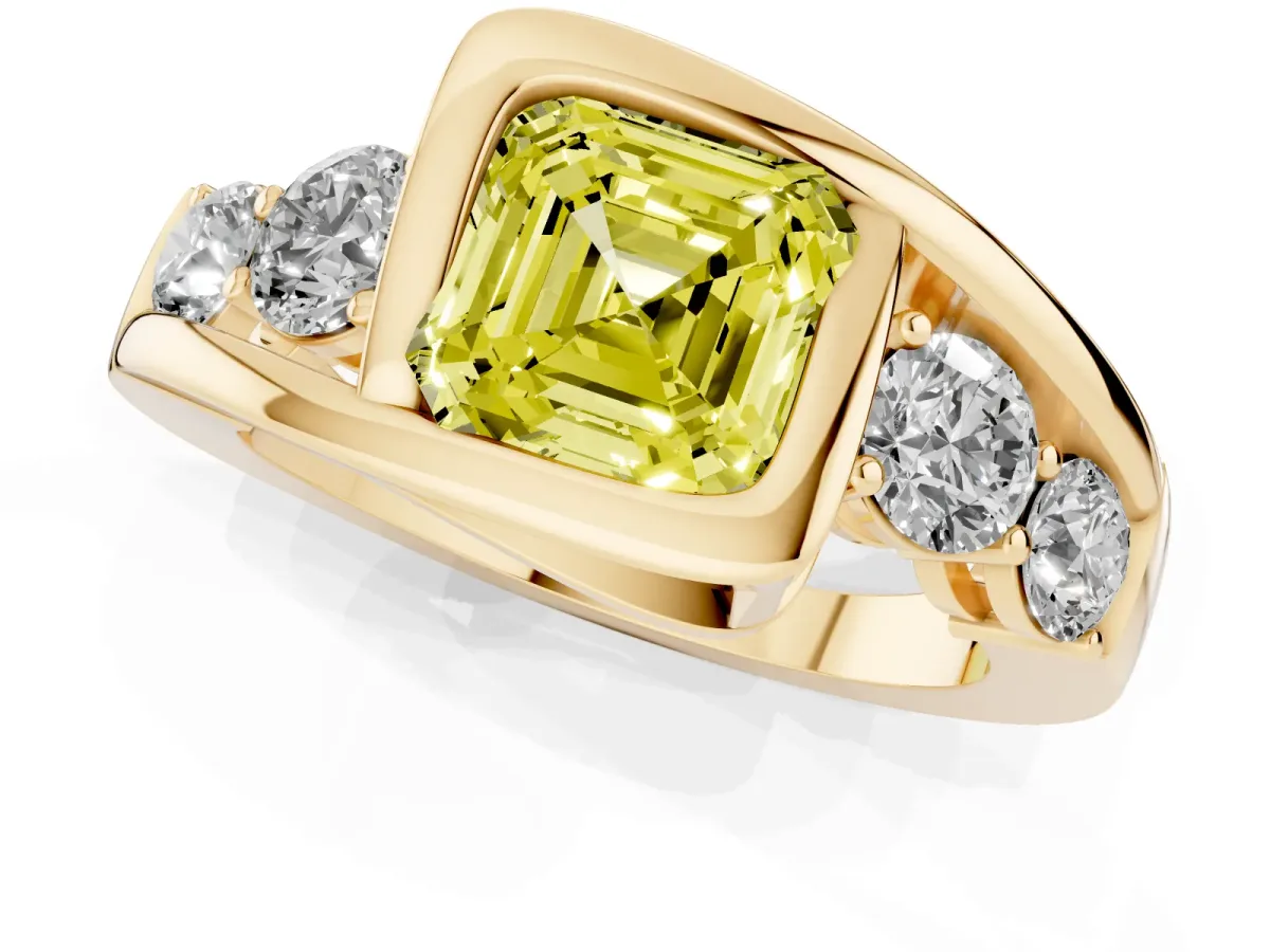 Fancy Yellow Bezel Set Asscher Cut Diamond Bypass Ring with Round Accents Yellow gold