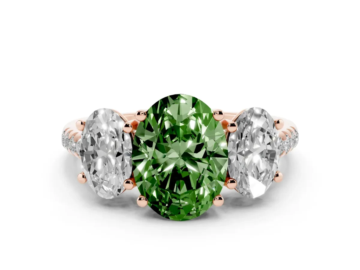 Fancy Green Three-Stone Oval Cut Diamond Ring with Round Pavé Band and Prong Setting Rose gold