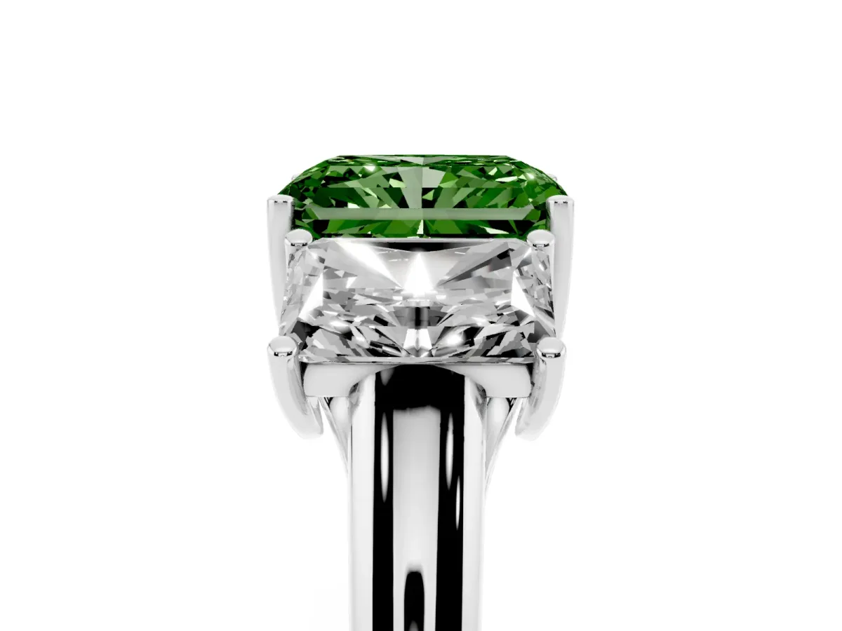 Fancy Green Three-Stone Radiant Cut Diamond Engagement Ring with Prong Setting White gold