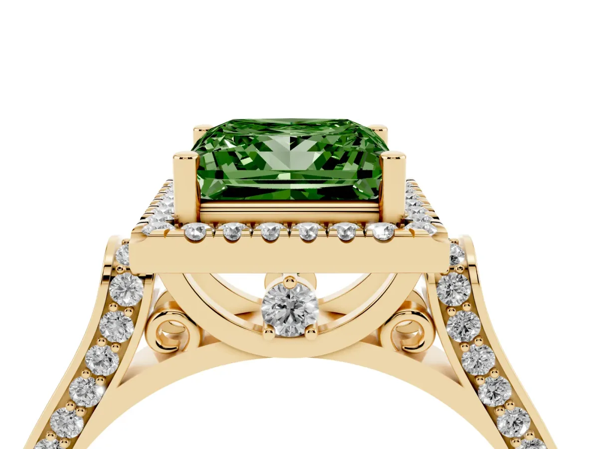 Fancy Green Princess Cut Halo Round Diamond Twist Band with Four-Prong Setting Yellow gold