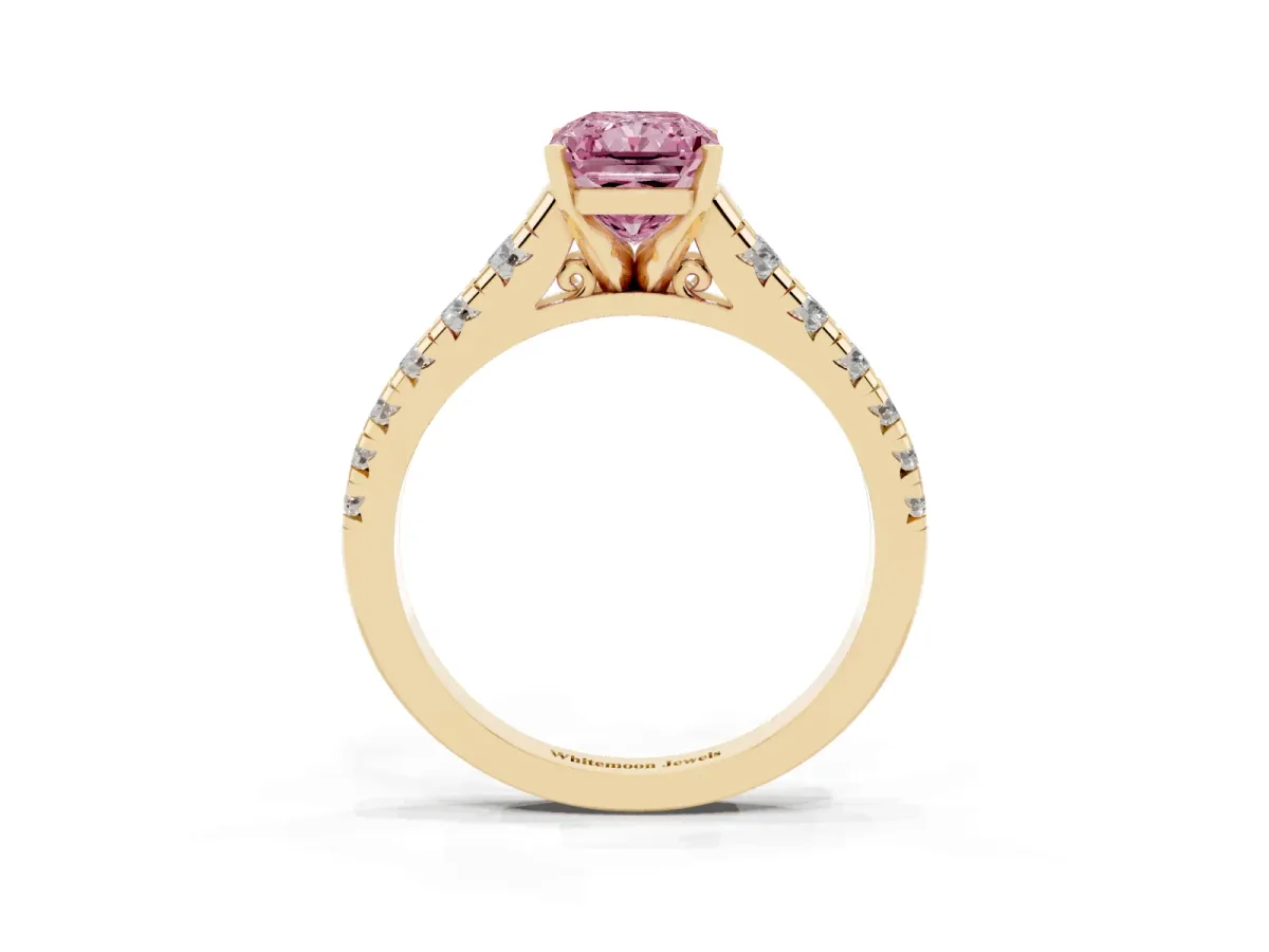 Fancy Pink Radiant Cut Diamond Cathedral Solitaire Ring with Round Pavé Band Yellow gold