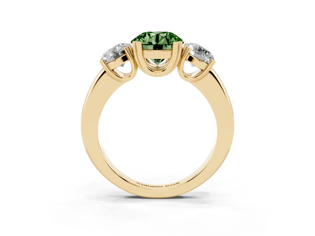 Fancy Green Three-Stone Round Cut Cut Diamond Ring with Channel Set Band and Four-Prong Setting Yellow gold