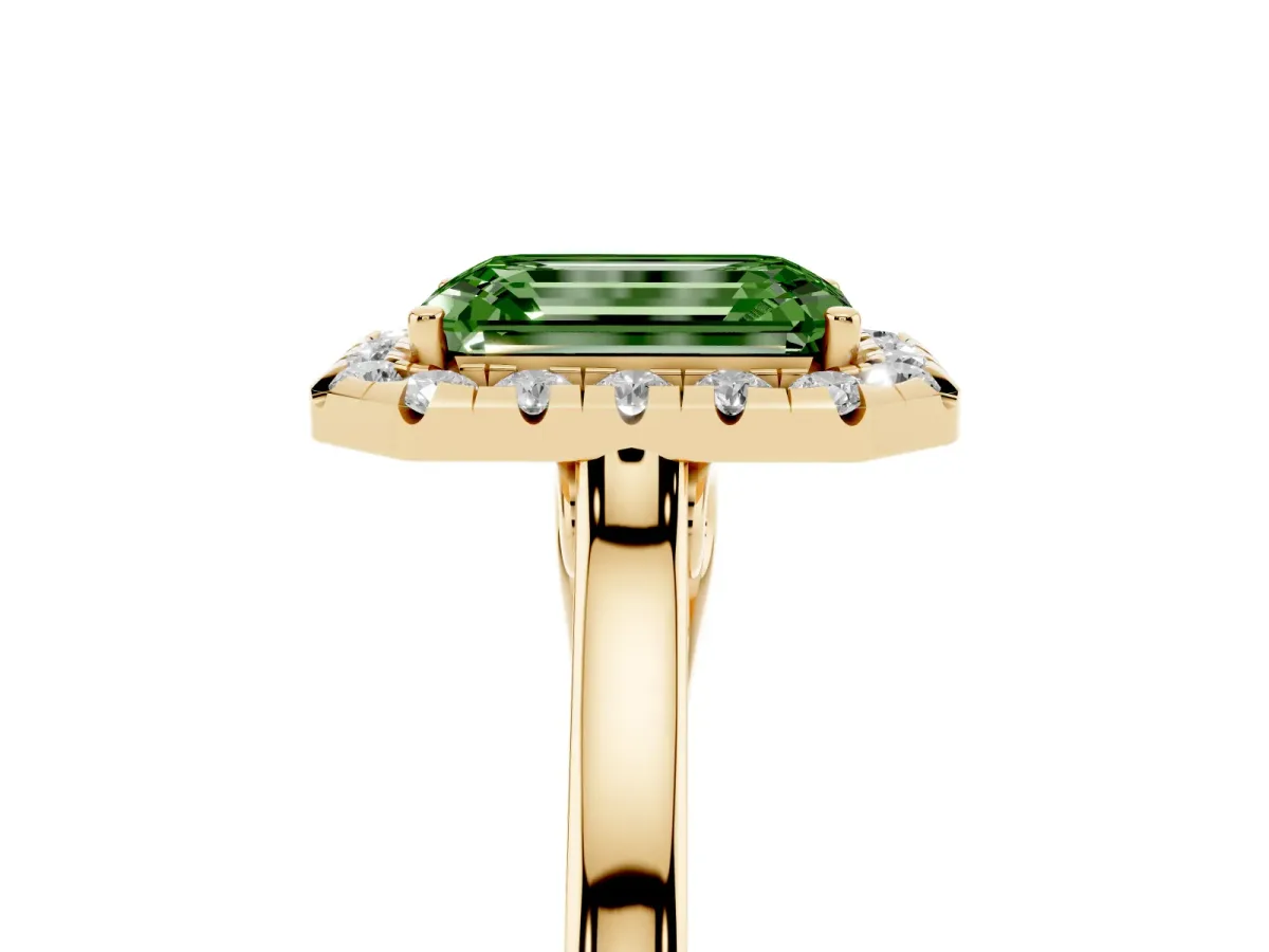 Fancy Green Emerald Cut Halo Round Diamond Solitaire Ring with Pavé Band and Four-Prong Setting Yellow gold