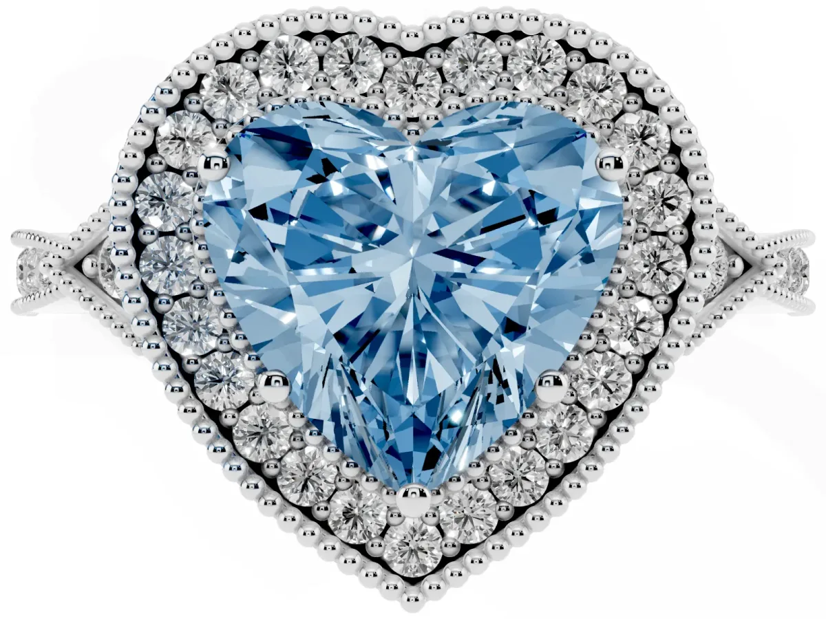 Fancy Blue Heart Cut Halo Round Diamond Milgrain Pave Engagement Ring White gold