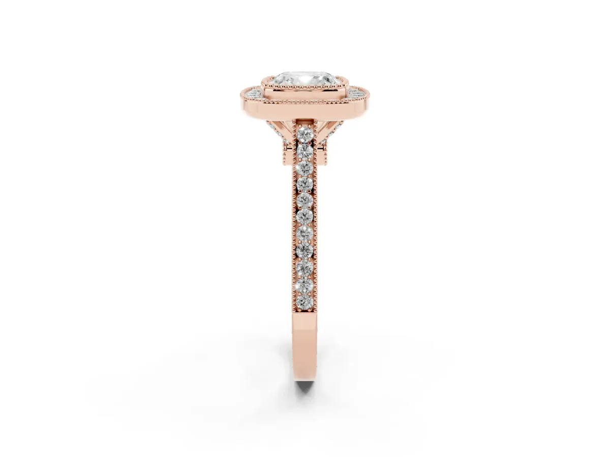 Cushion Cut Diamond Halo Ring with Milgrain Frame and Pavé Band Rose gold
