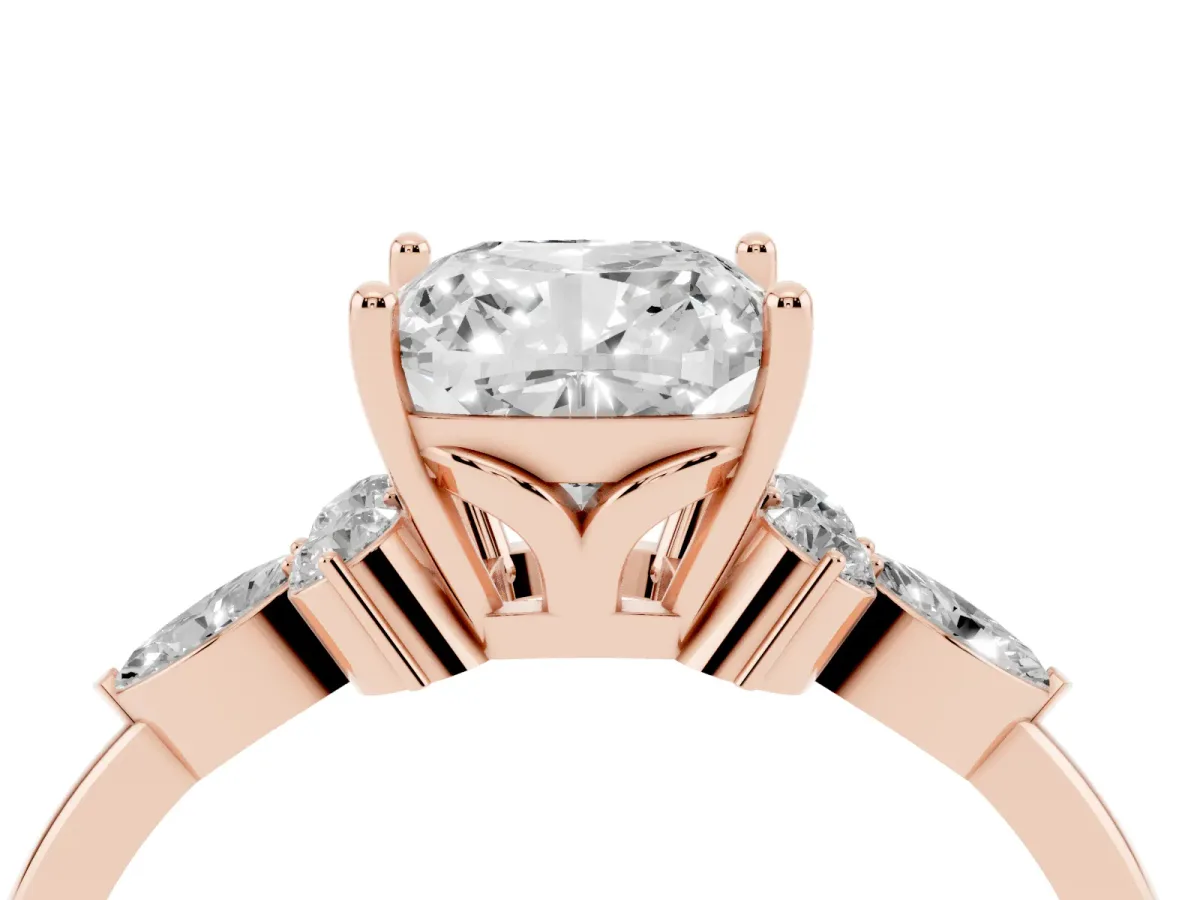 Cushion Cut Brilliant Diamond Solitaire Ring with Pear Side Stones and Four-Prong Setting Rose gold
