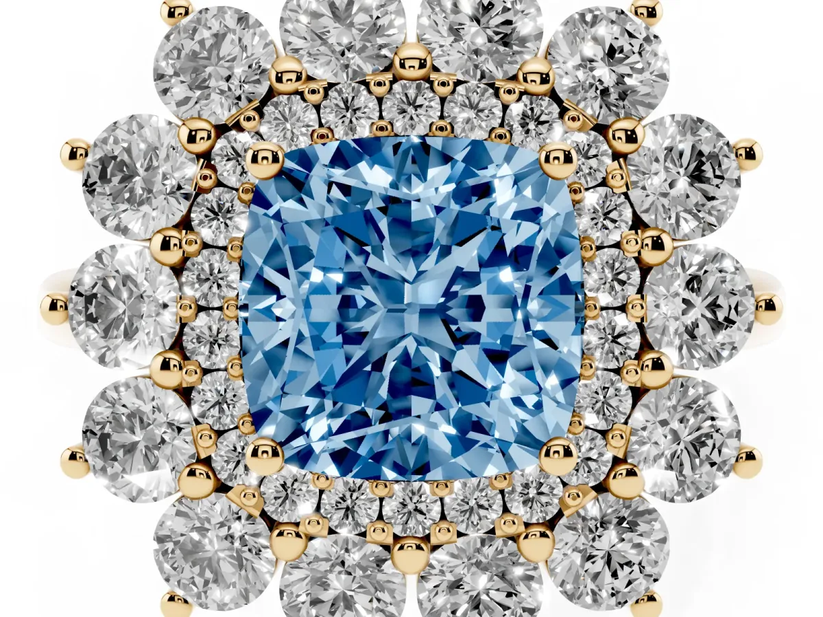 Fancy Blue Cushion Cut Diamond Floral Double Halo Engagement Ring with Prong Setting Yellow gold