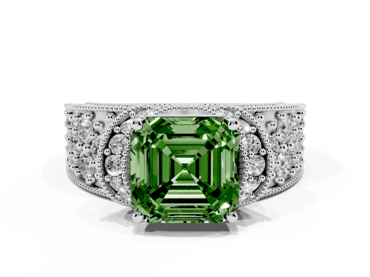 Fancy Green Asscher Cut Halo Pave Diamond Engagement Ring with Milgrain Detailing Platinum