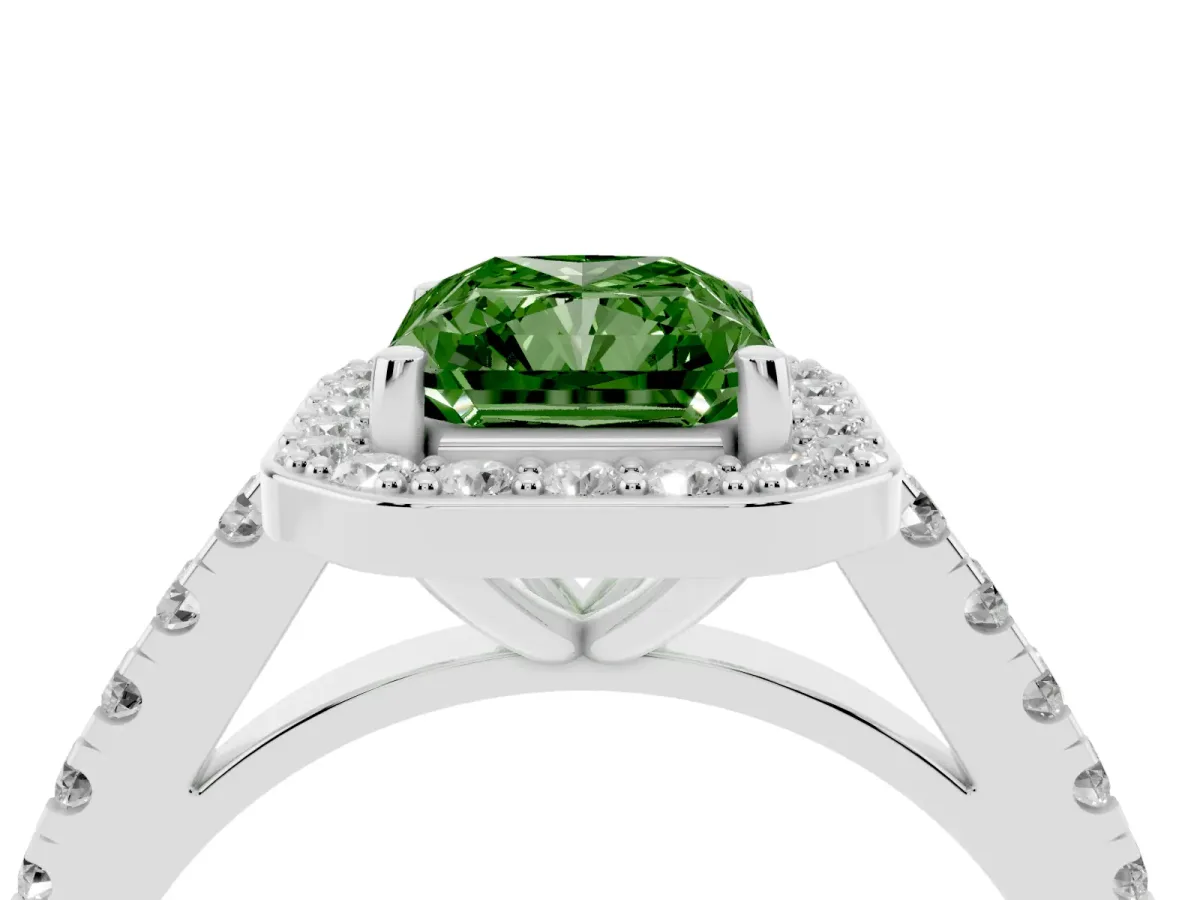 Fancy Green Radiant Cut Diamond Halo Ring with Round Pavé Split Shank and Prong Setting Silver