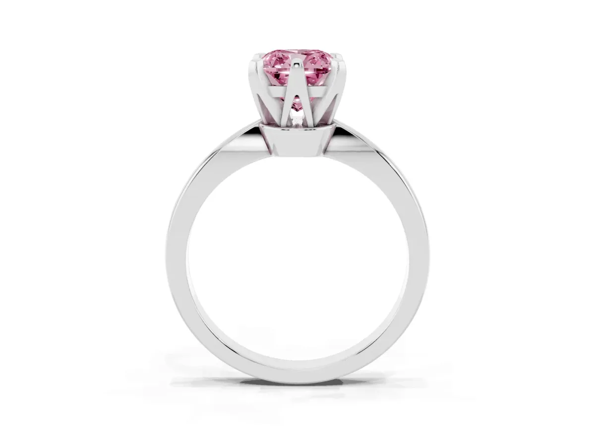 Fancy Pink Cushion Cut Solitaire Engagement Ring with Six-Prong Setting and Tapered Band Silver