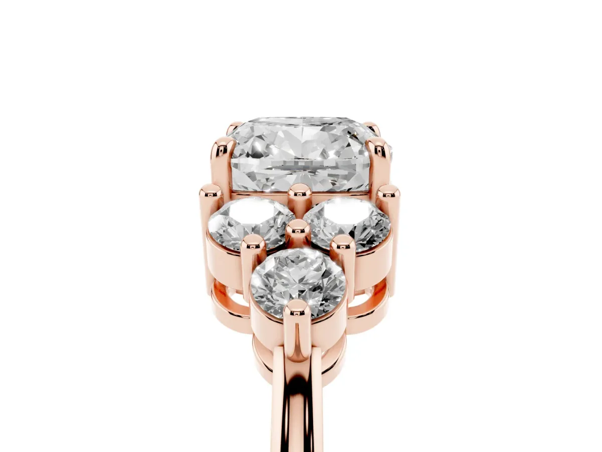 Cushion Cut Brilliant Diamond Cluster Accent Solitaire Ring with Prong Setting Rose gold
