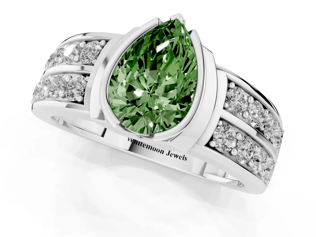Fancy Green Pear Cut Brilliant Diamond Channel Set Wide Band Ring with Bezel Setting Platinum