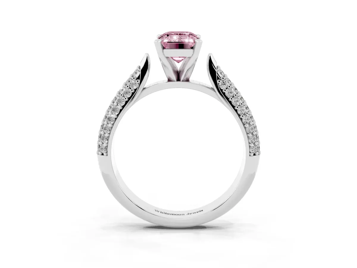 Fancy Pink Emerald Cut Diamond Solitaire Engagement Ring with Multi-Row Round Pavé Band and Prong Setting Silver