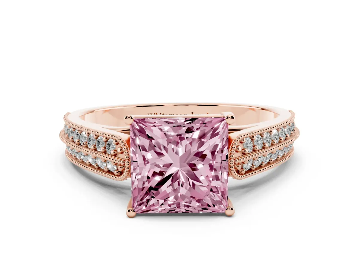 Fancy Pink Princess Cut Cut Pave Split Shank Engagement Ring with Four-Prong Setting Rose gold